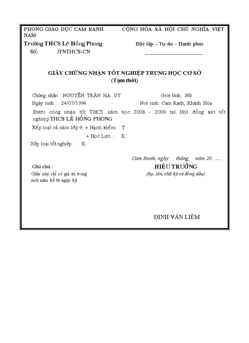 image for page Giấychứng nhận TN tạm thời