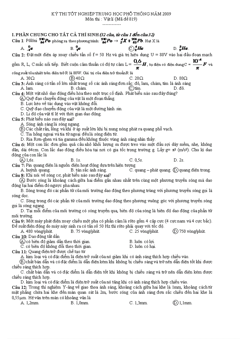 image for page Gợi ý giải đề Vật lí thi TN THPT 2009