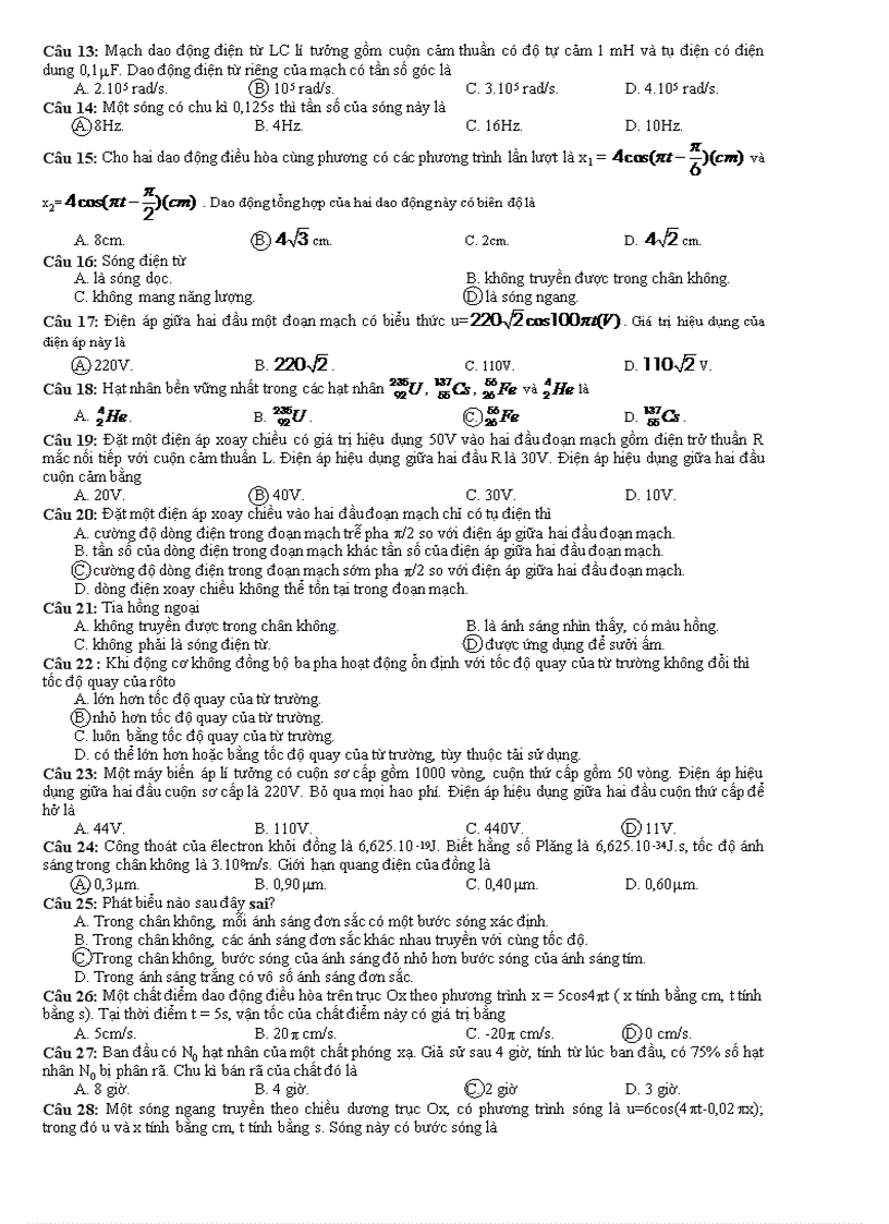 image for page Gợi ý giải đề Vật lí thi TN THPT 2009