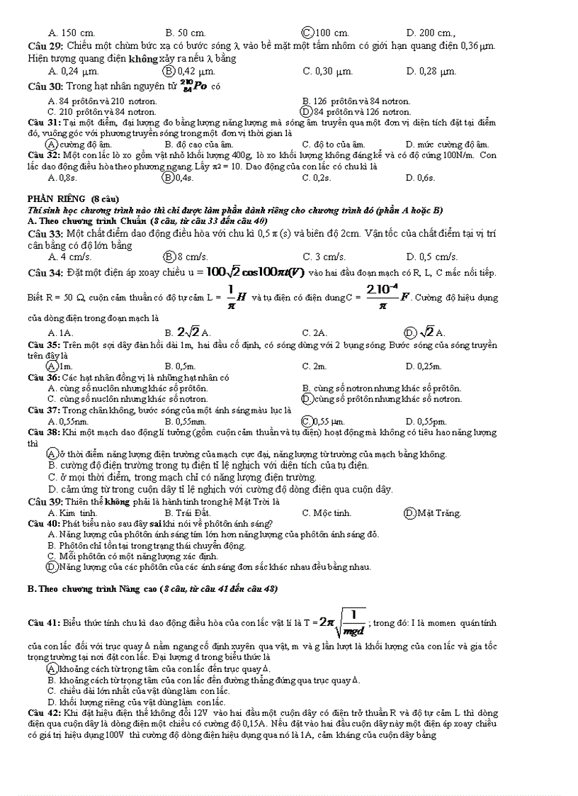 image for page Gợi ý giải đề Vật lí thi TN THPT 2009