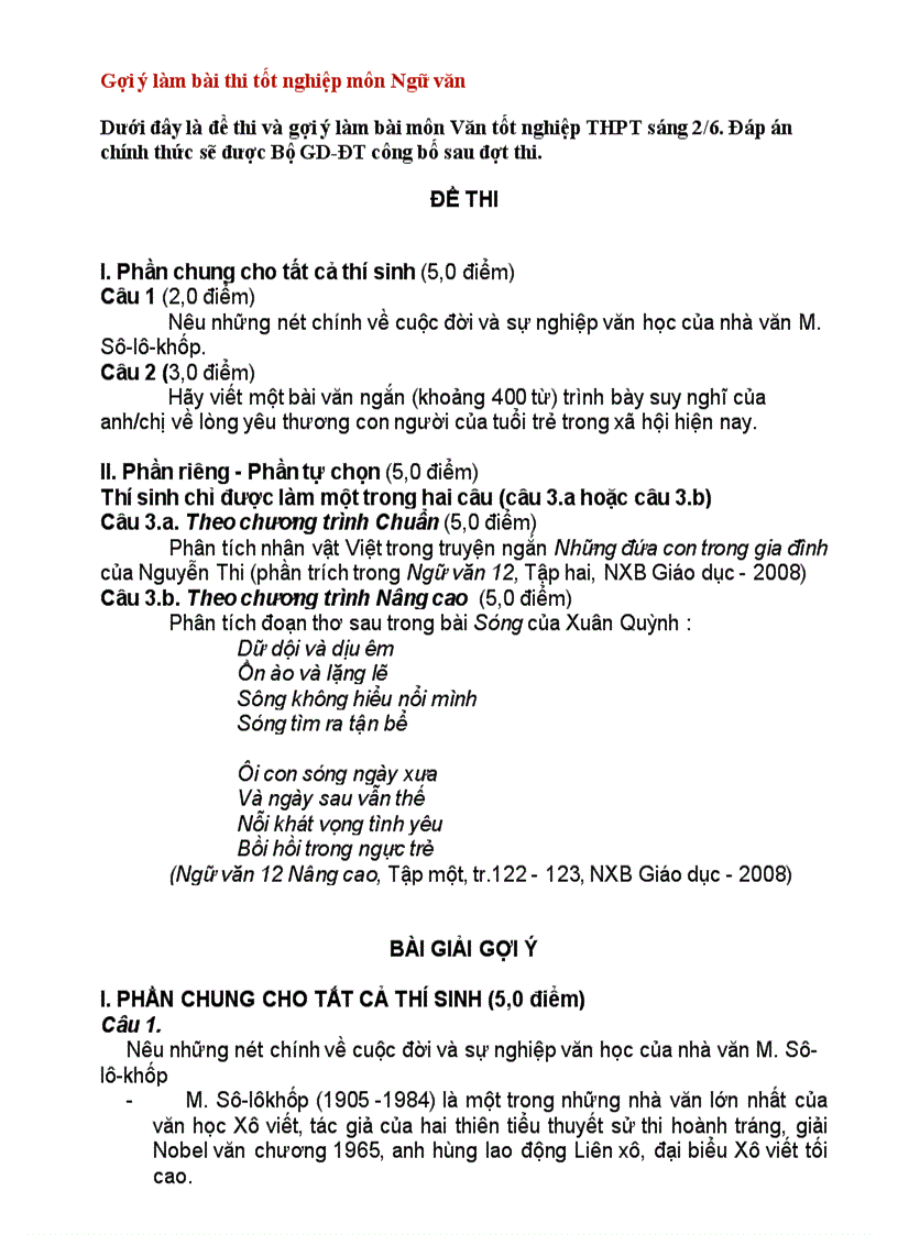 image for page Gợi ý làm bài thi NGỮ VĂN TNPT ngày thi 2 6 2010