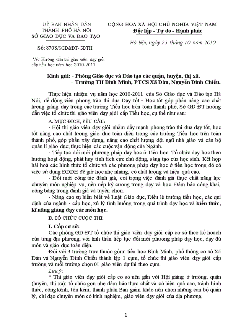 Hướng dẫn thi giáo viên dạy giỏi cấp tiểu học năm học 2010 2011 Sở GD ĐT Hà Nội