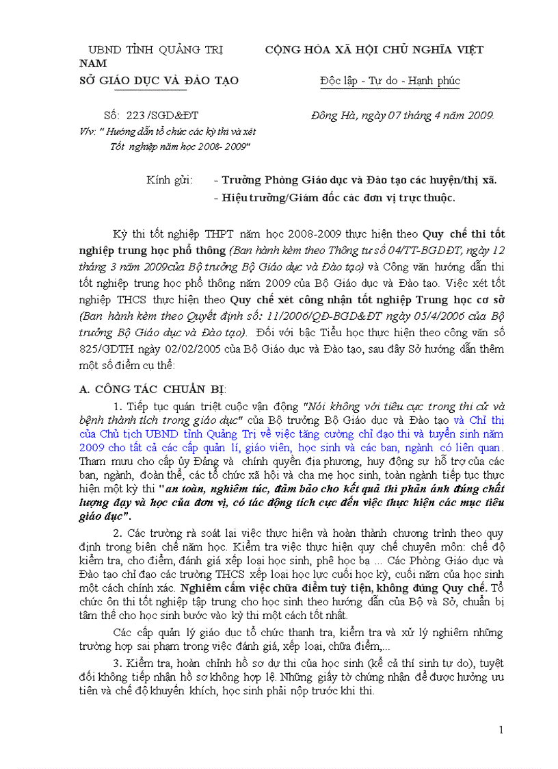 image for page Hướng dẫn tổ chức các kỳ thi và xét tốt nghiệp năm học 2008 2009
