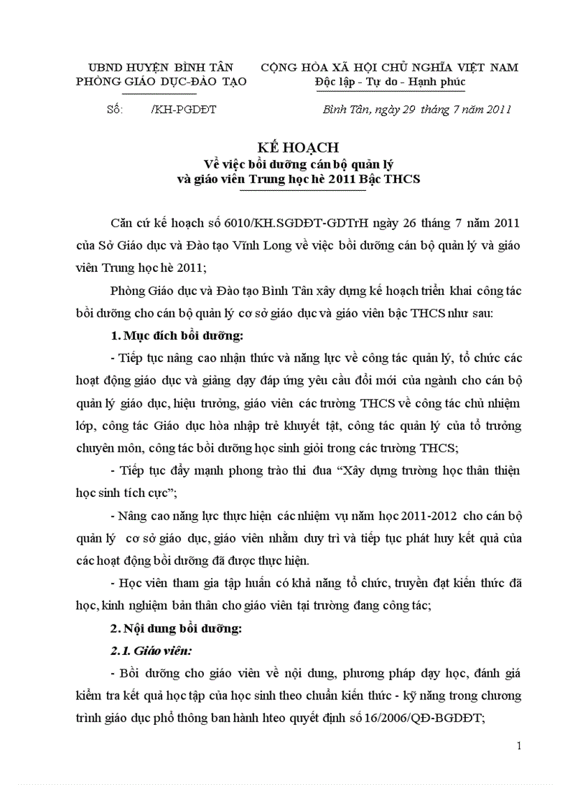 image for page Kế hoạch bồi dưỡng chuyên môn hè 2011