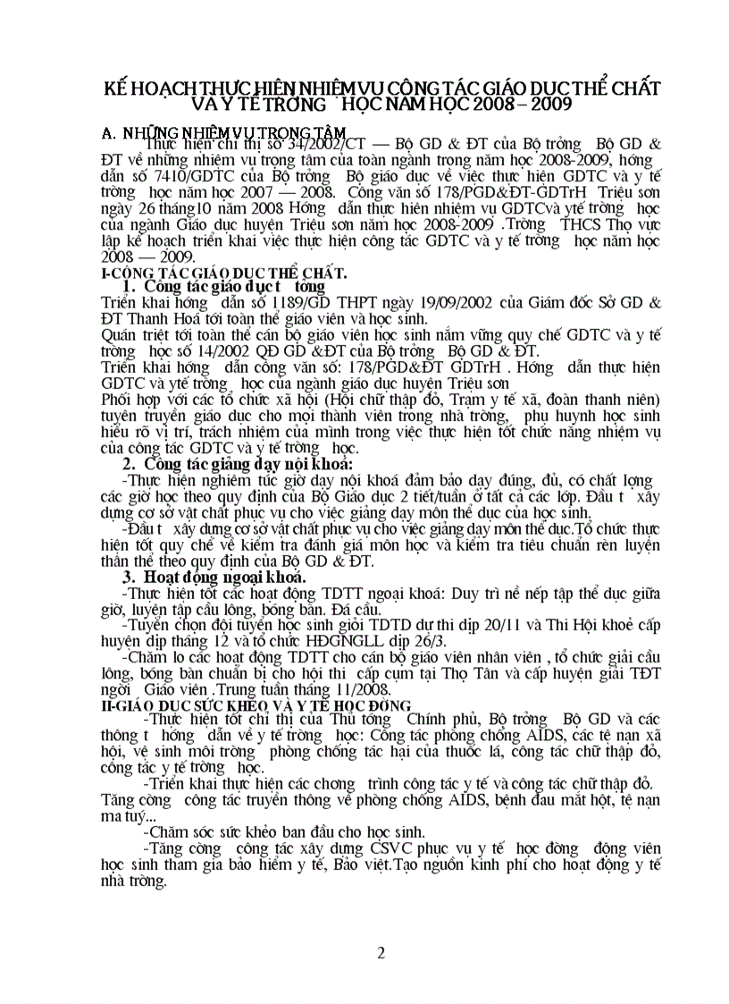 image for page Kế hoạch giáo dục thể chất và y tế trường học năm học 2008 2009