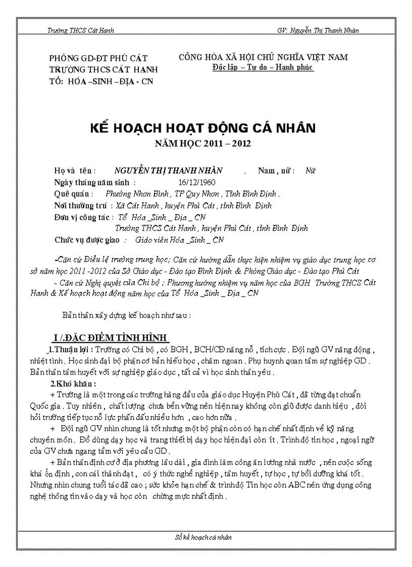 Ke hoach hoat dong ca nhan