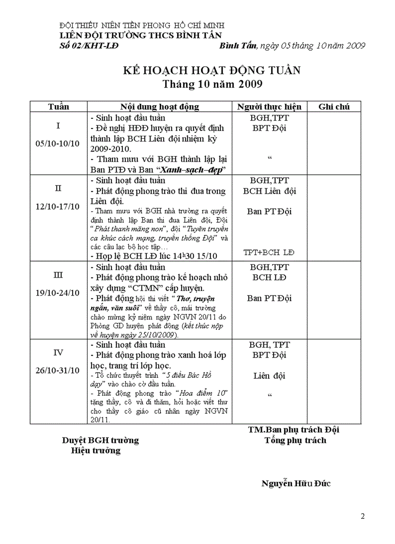Kế hoạch hoạt động tuần năm 2009 2010