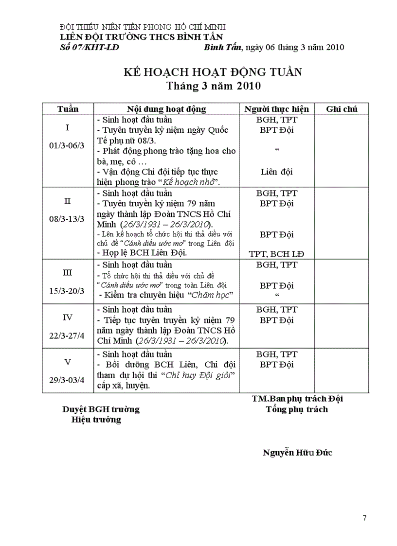 image for page Kế hoạch hoạt động tuần năm 2009 2010