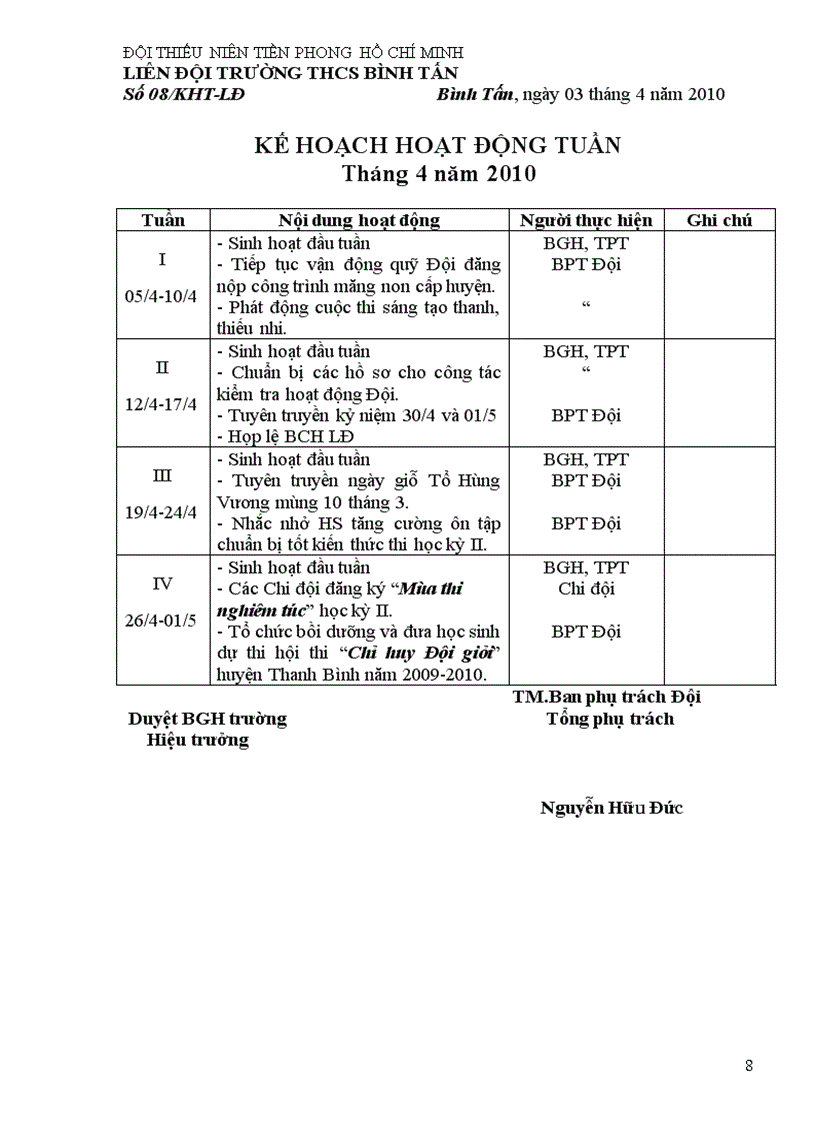 image for page Kế hoạch hoạt động tuần năm 2009 2010