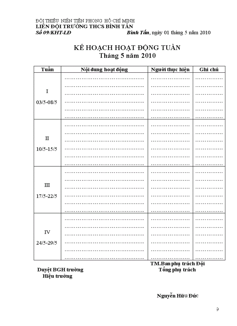 image for page Kế hoạch hoạt động tuần năm 2009 2010