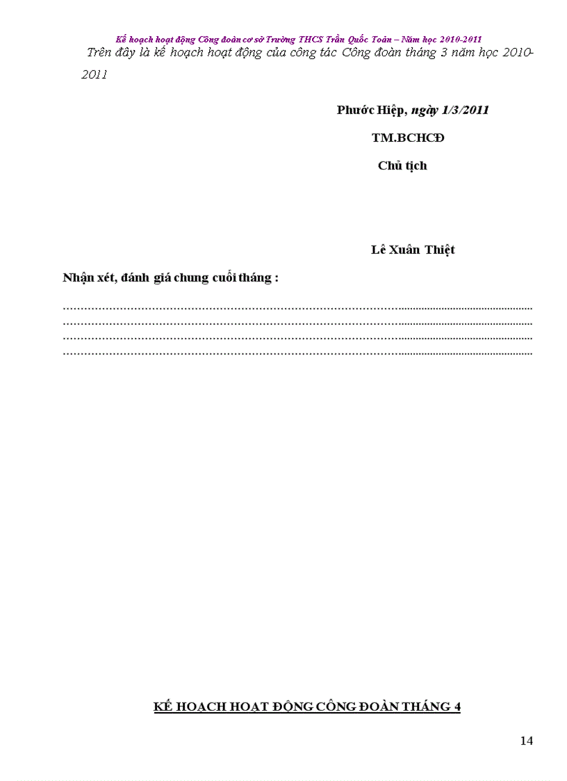 image for page Kế hoạch hoạt động từng tháng của công đoàn