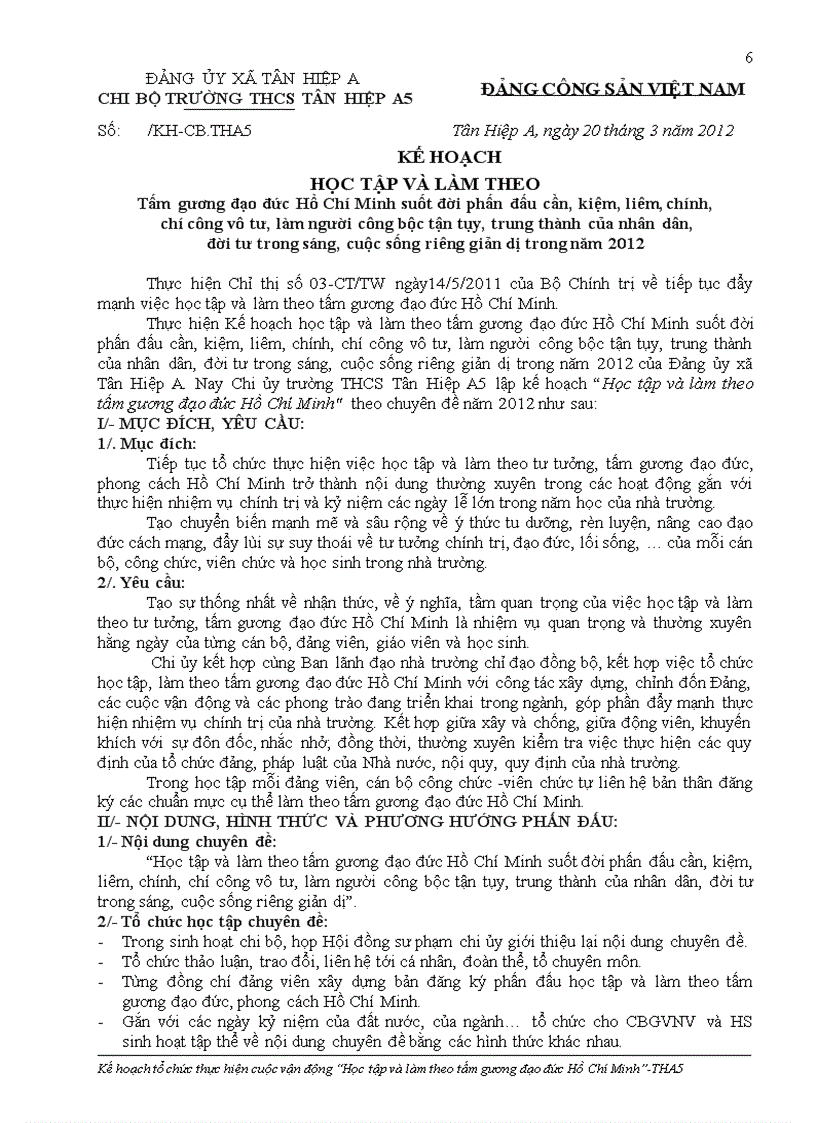 Kế hoạch học tập và làm theo tấm gương đạo đức Hồ Chí Minh suốt đời phấn đấu cần kiệm liêm chính chí công vô tư