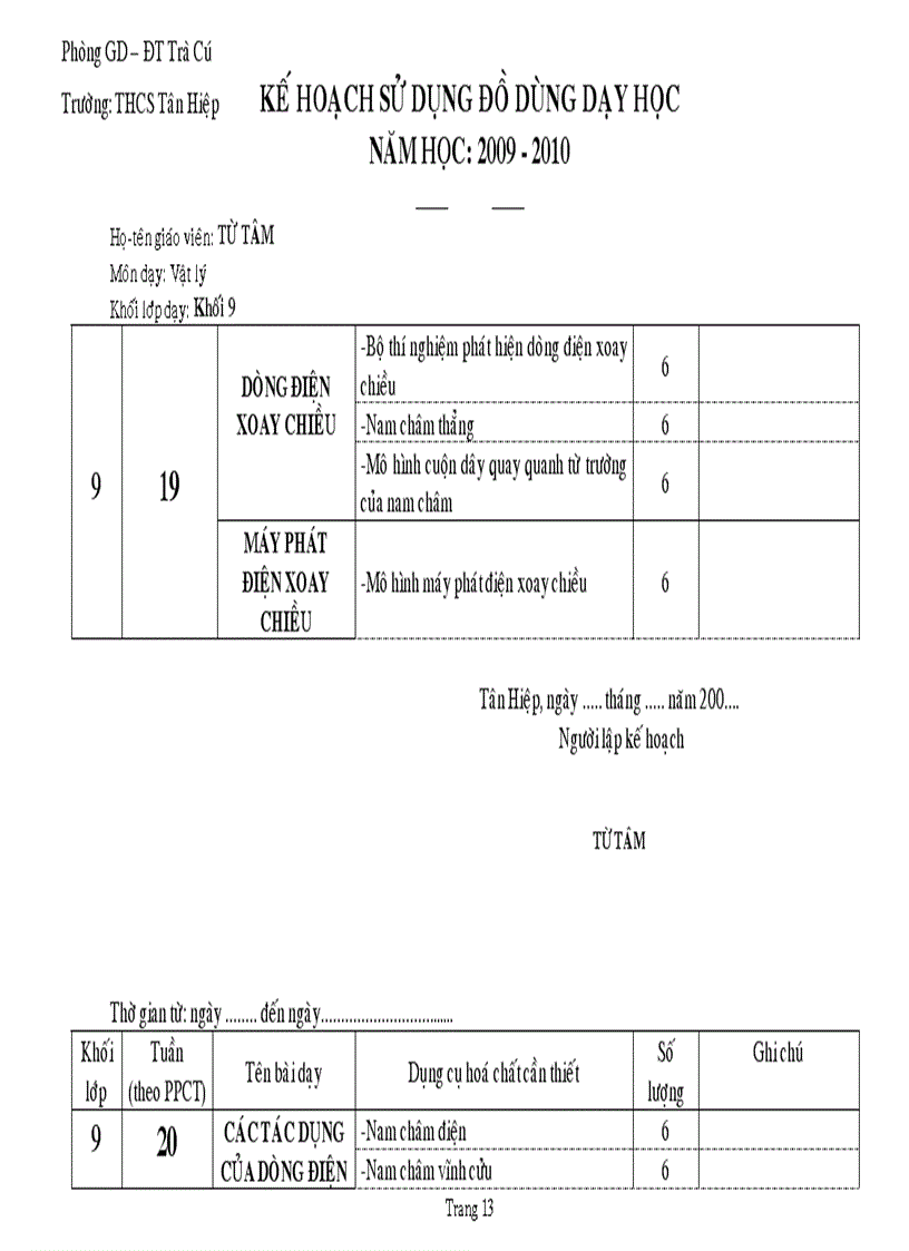 image for page Kế hoạch sử dụng thiết bị thí nghiệm lý 9
