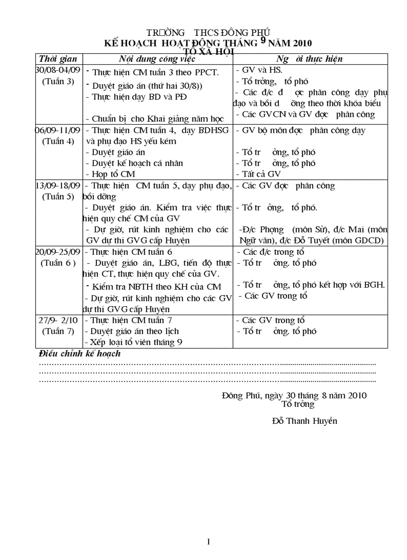 Kế hoạch tháng 9 2010 Tổ Xã hội