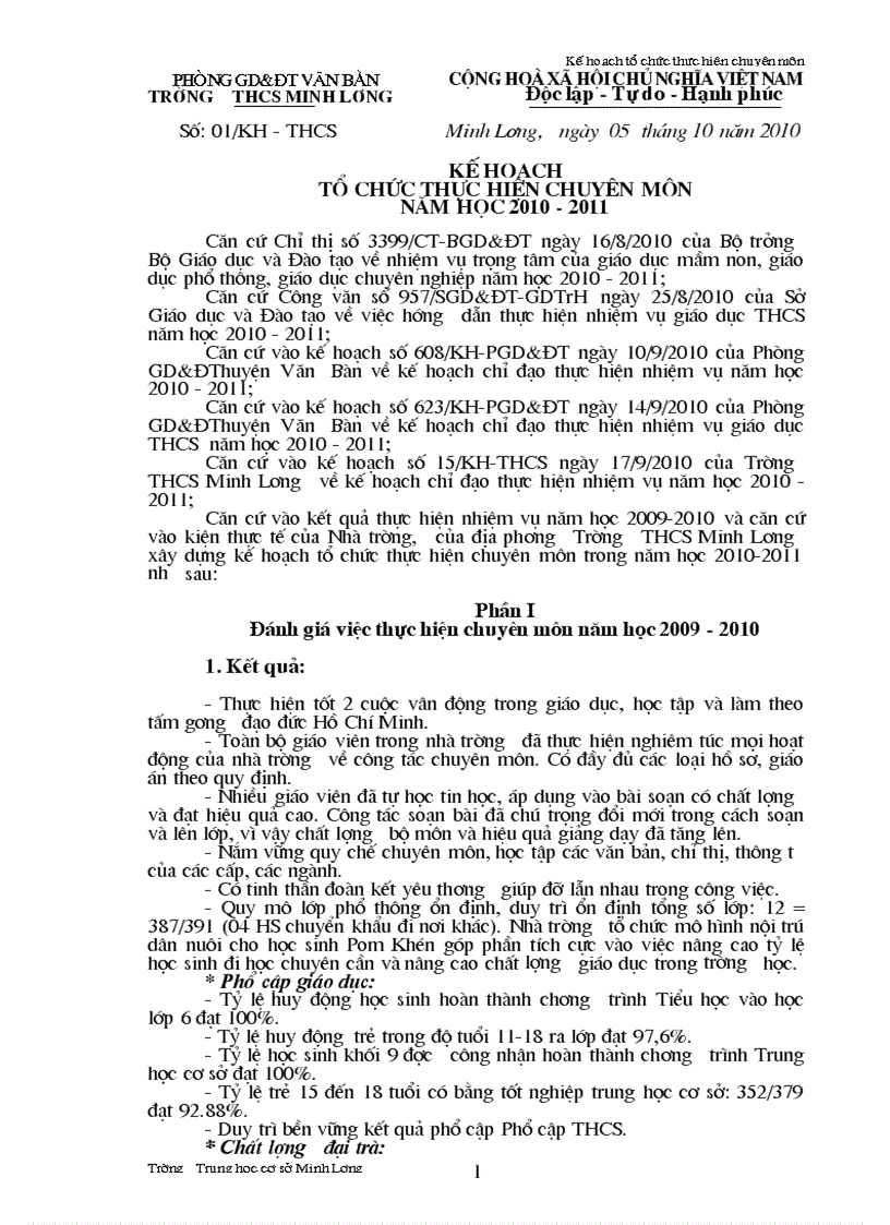 image for page Kế hoạch tổ chức thực hiện chuyên môn trường THCS Minh Lương năm học 2010 2011