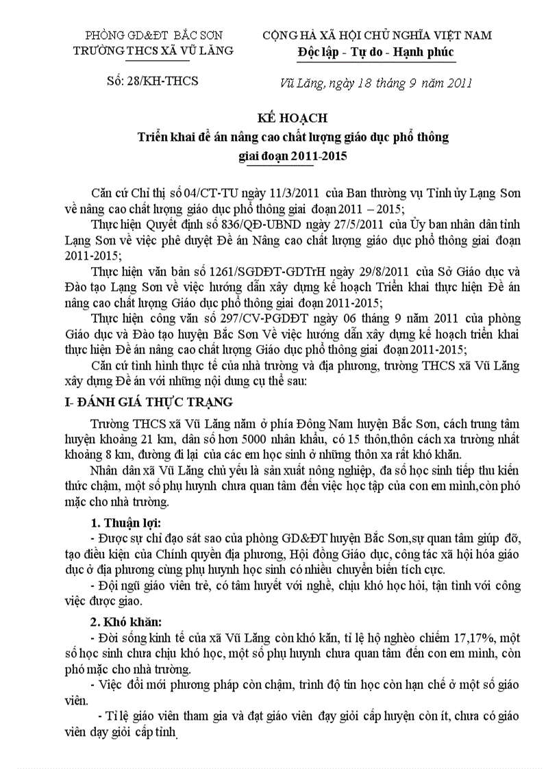 Kế hoạch Triển khai đề án nâng cao chất lượng giáo dục phổ thông giai đoạn 2011 2015