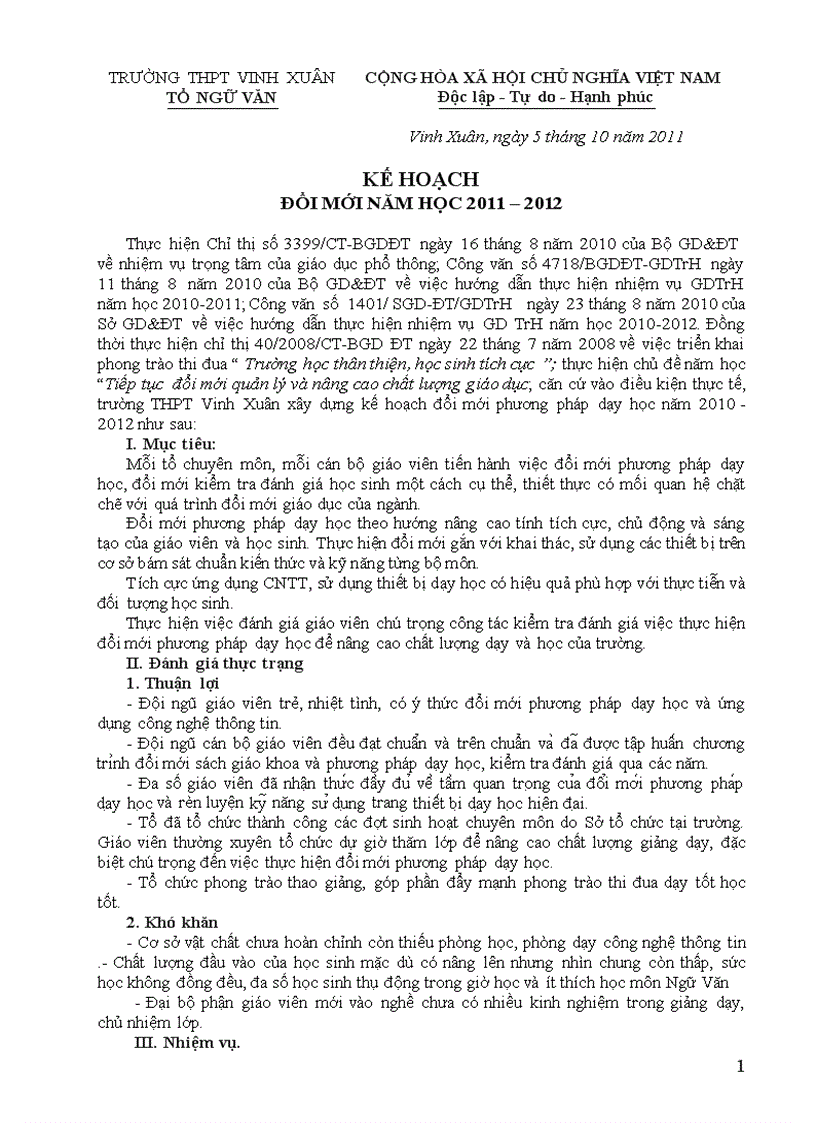 image for page Kế họch dổi mới phương pháp dạy học năm học 2011 2012 của tổ Ngữ văn