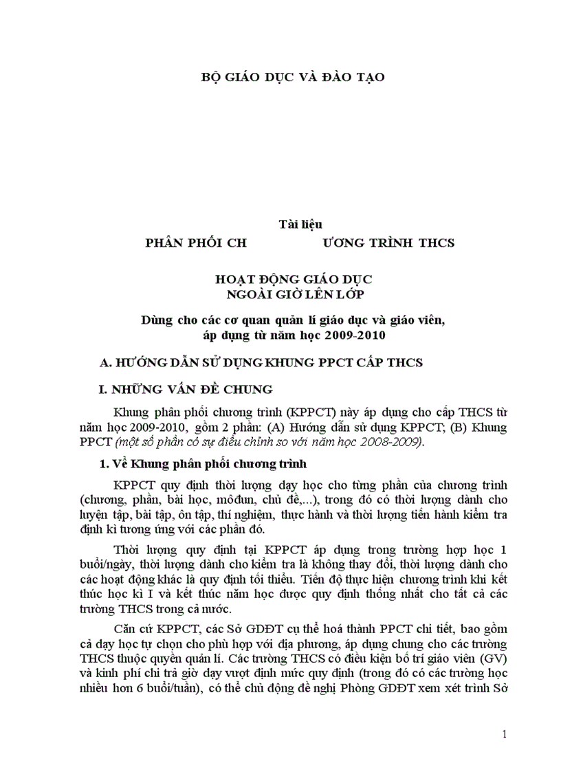 image for page Khung Phân phối chương trình Hoạt động ngoài giờ lên lớp THCS 2009 2010