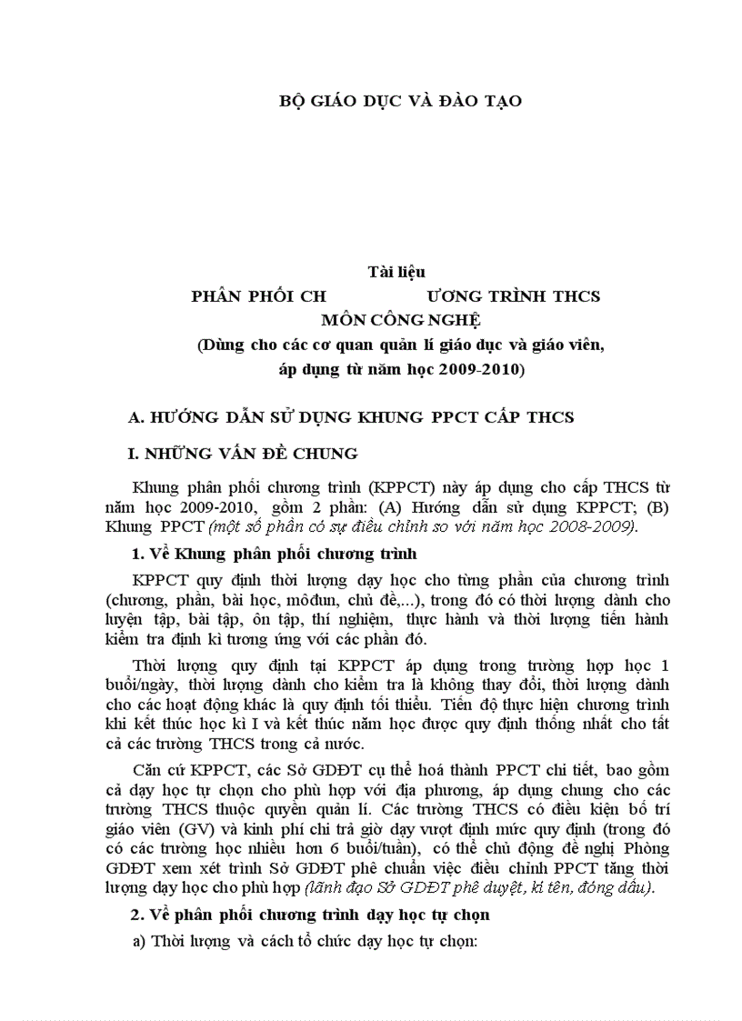 image for page Khung Phân phối chương trình môn Công nghệ THCS 2009 2010