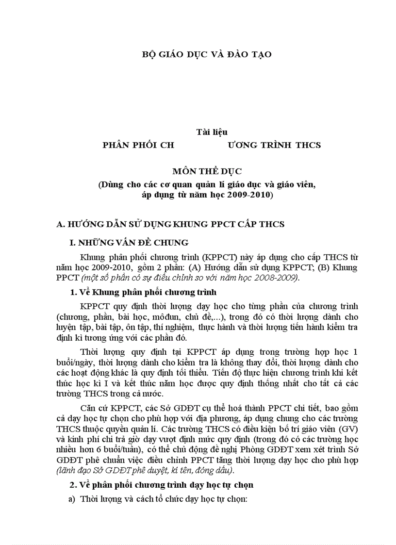 image for page Khung Phân phối chương trình môn Thể dục THCS 2009 2010