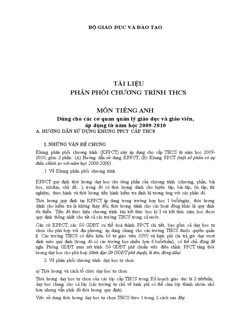 image for page KHUNG Phân phối chương trình môn TIẾNG ANH