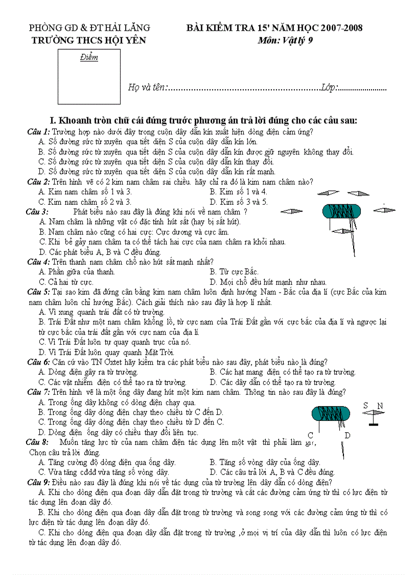 image for page Kiểm tra 15 lí 9 học kỳ I