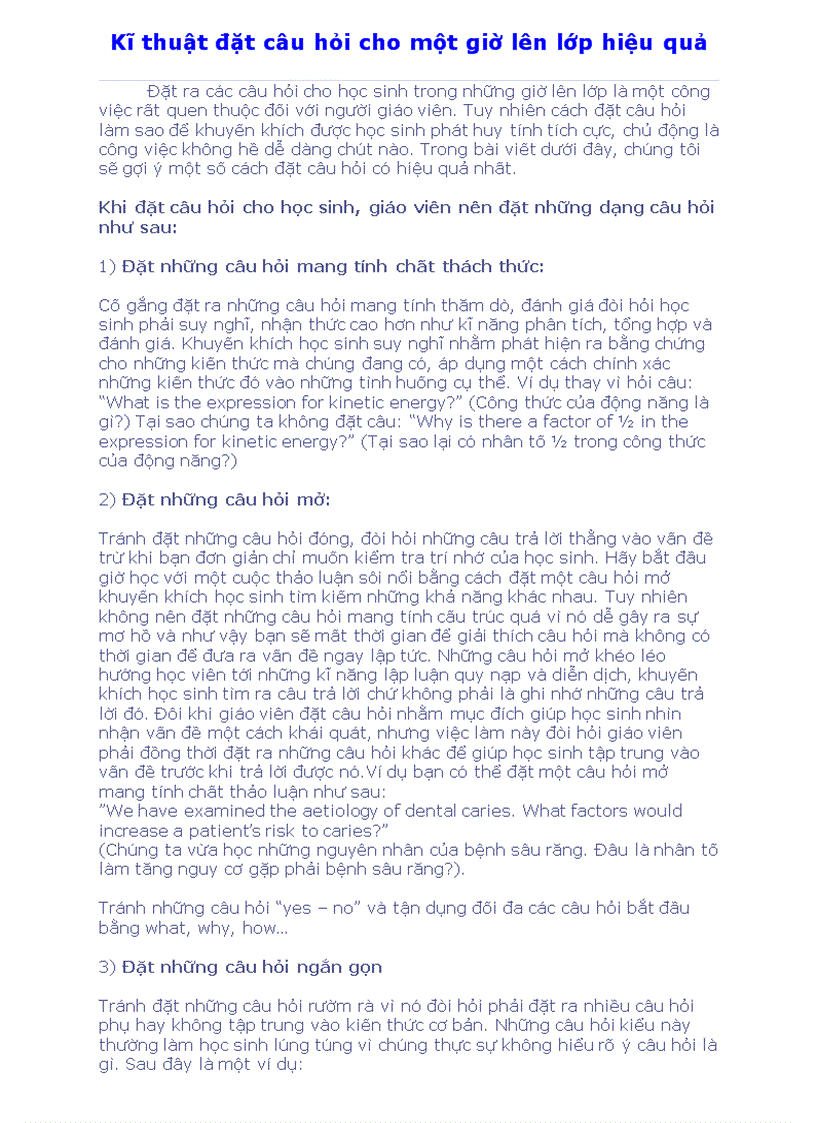 image for page Kỷ thuật đặt câu hỏi trong 1 tiết lên lớp