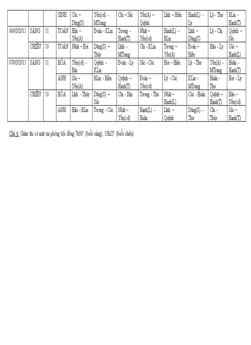 Lịch coi thi học kỳ ii