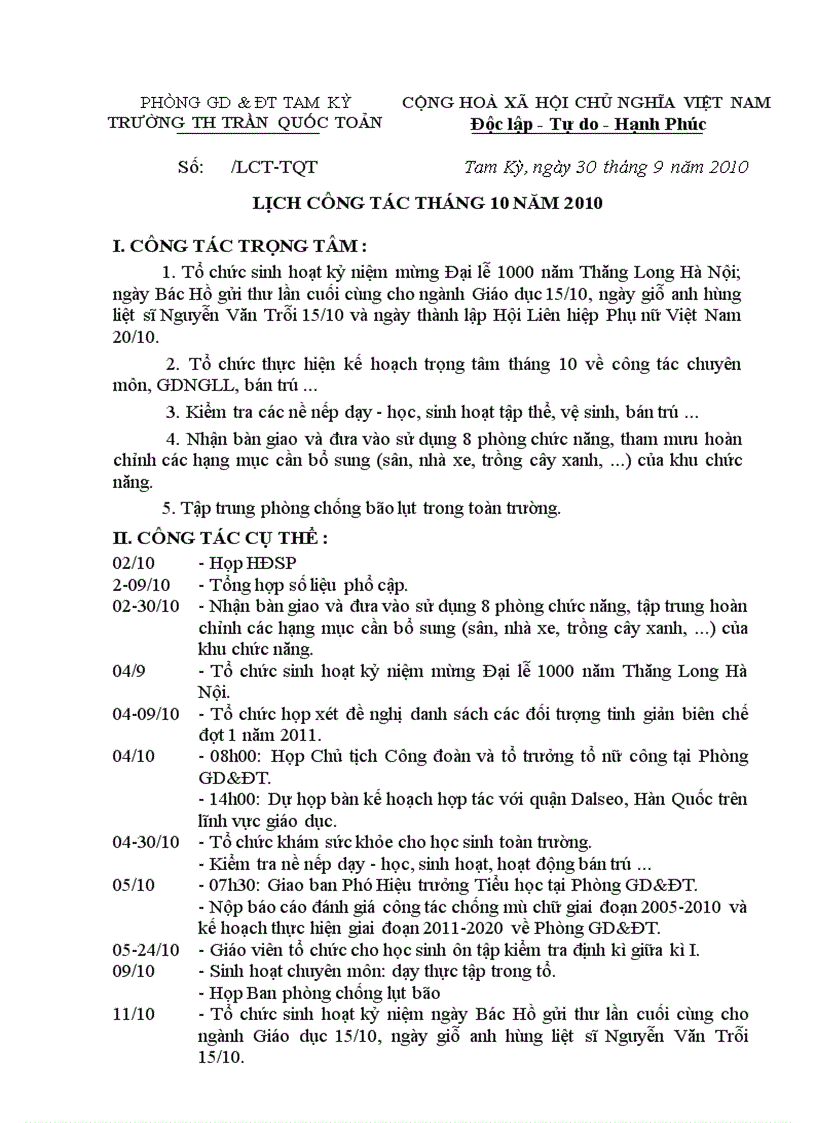 image for page Lịch công tác tháng 10