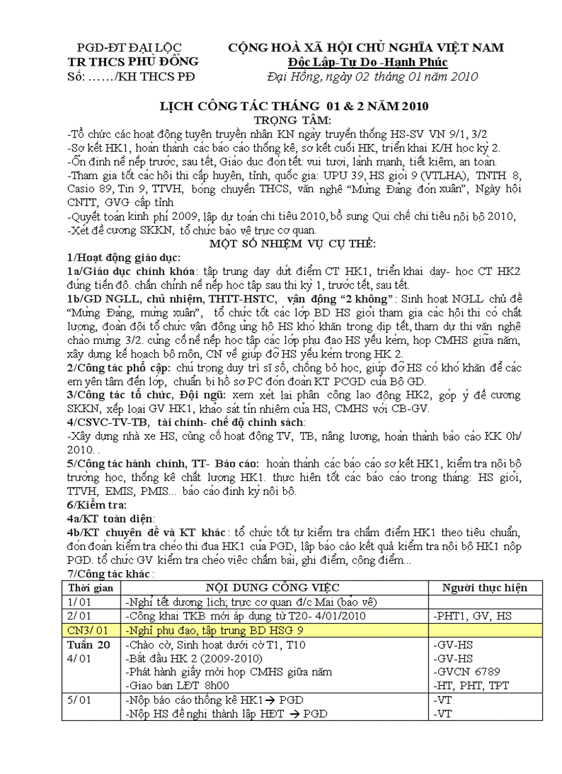 image for page Lịch công tác tháng 1 2 2009 THCS Phù Đổng