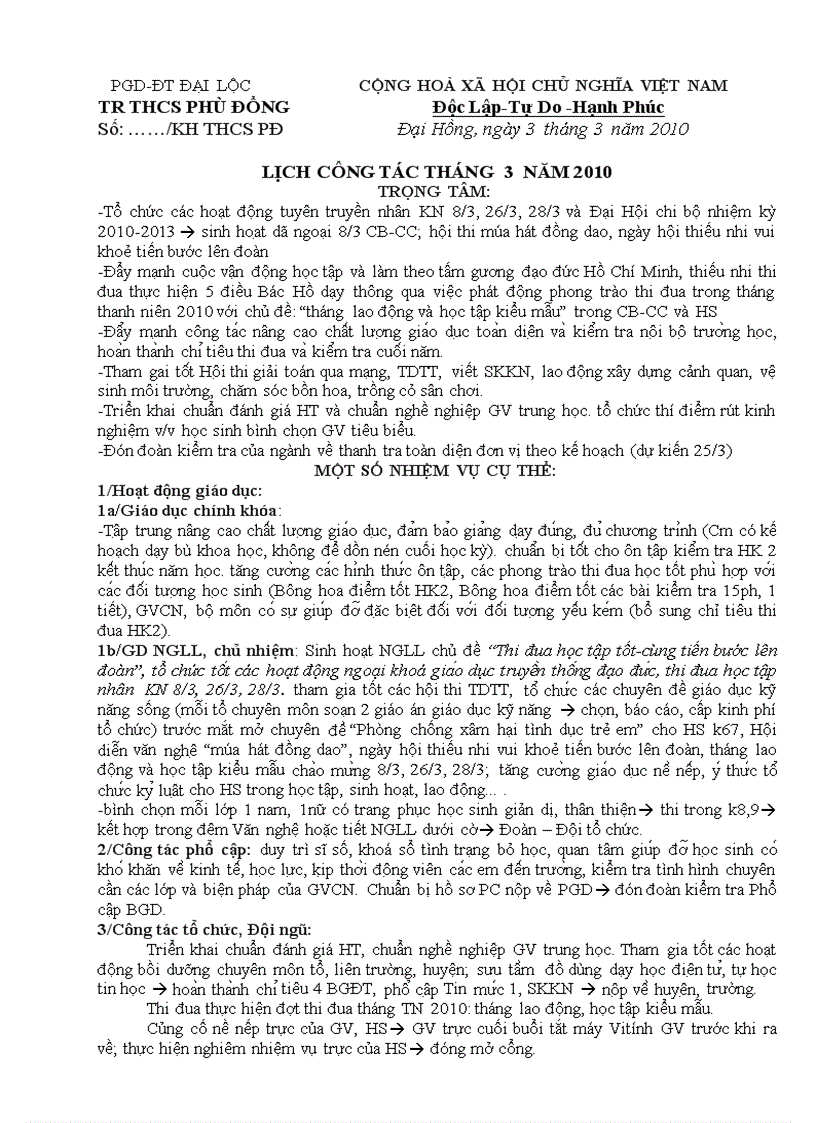 image for page Lịch công tác tháng 3 2010 Phù Đổng