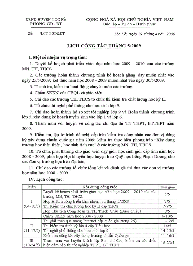 image for page Lich cong tac thang 5 nam 2009