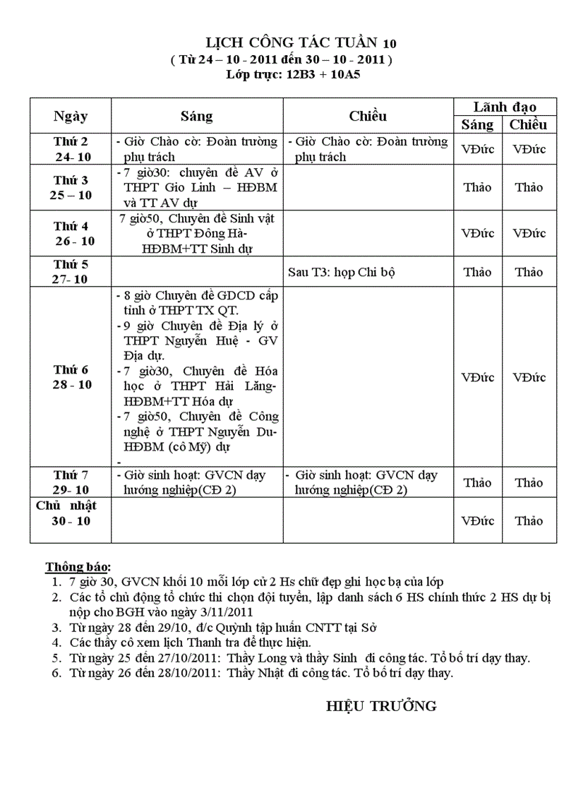 image for page Lịch công tác tuần 10