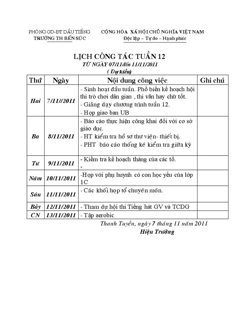 image for page Lịch công tác tuần 12 NH 11 12