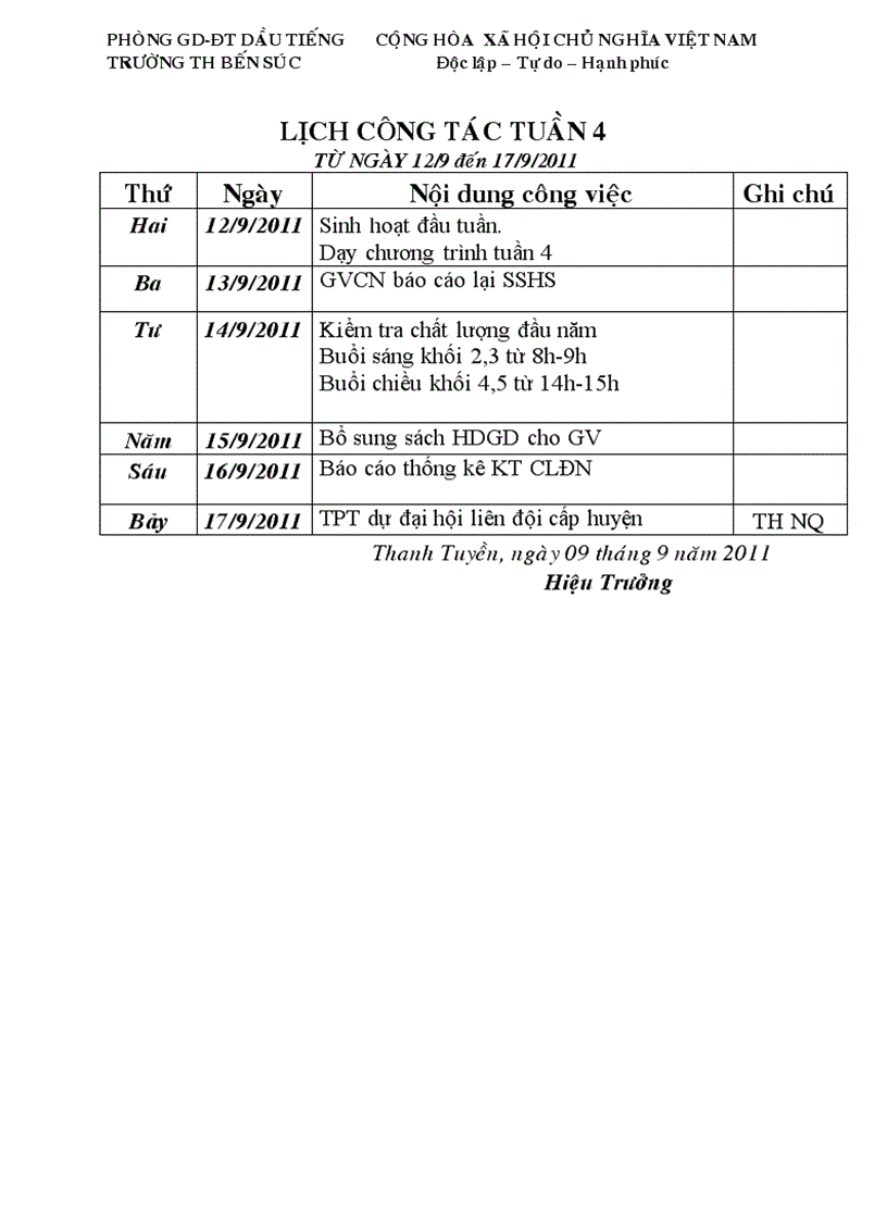 Lịch công tác tuần 4 NH 11 12