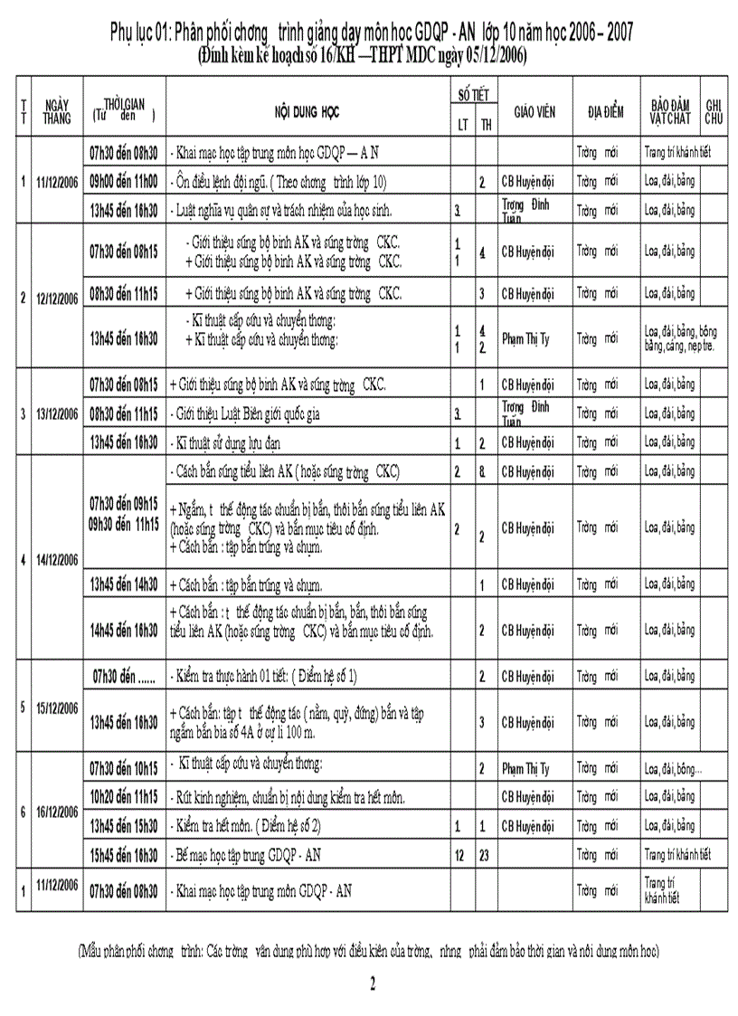 Lịch học GDQP khối 10