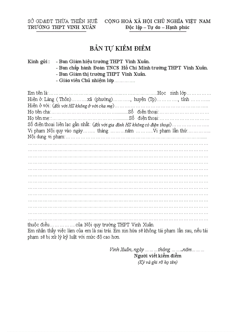 image for page Mẫu bản tự kiểm điểm của HS vi phạm kèm hồ sơ kỷ luật