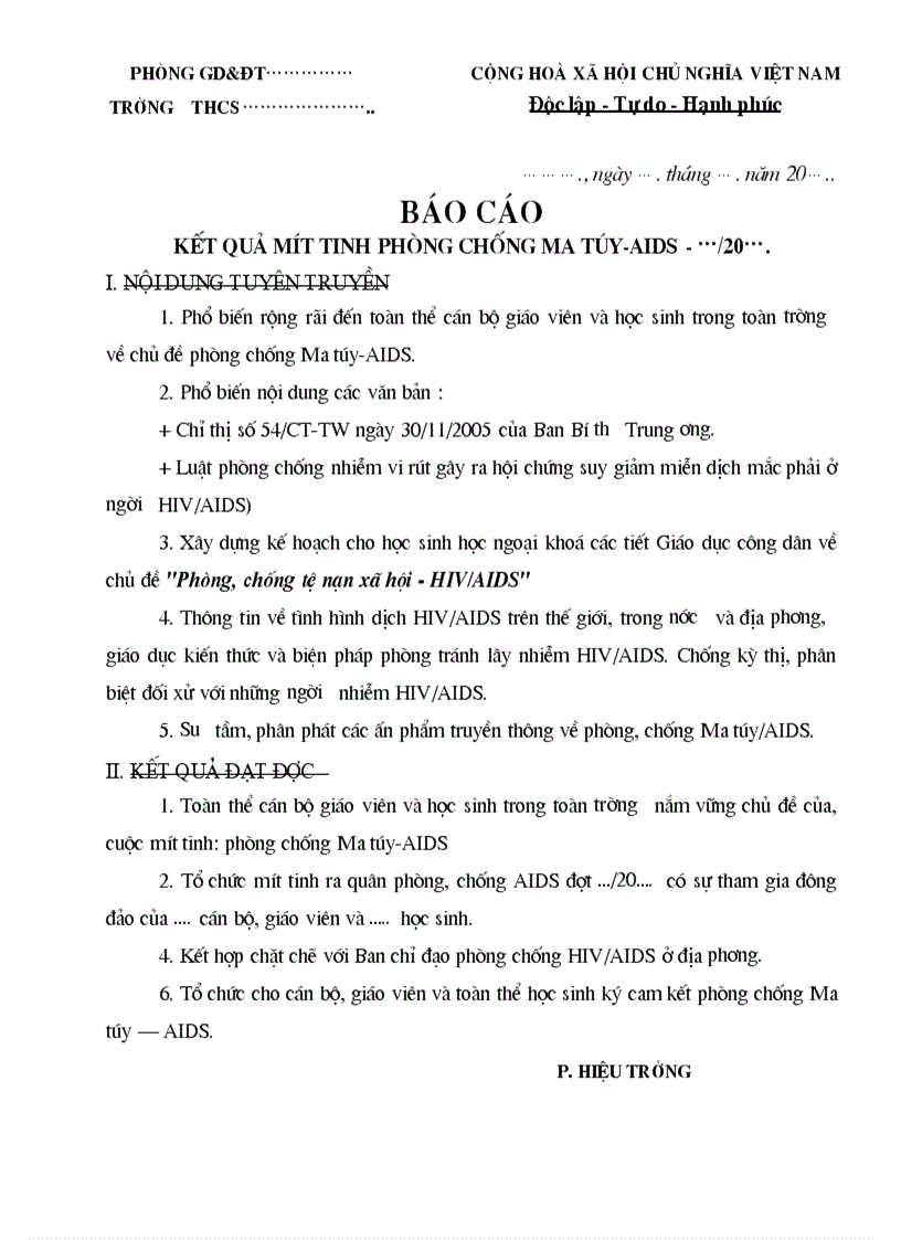 Mẫu báo cáo kết quả tháng phòng chống ma tuý HIV AIDS