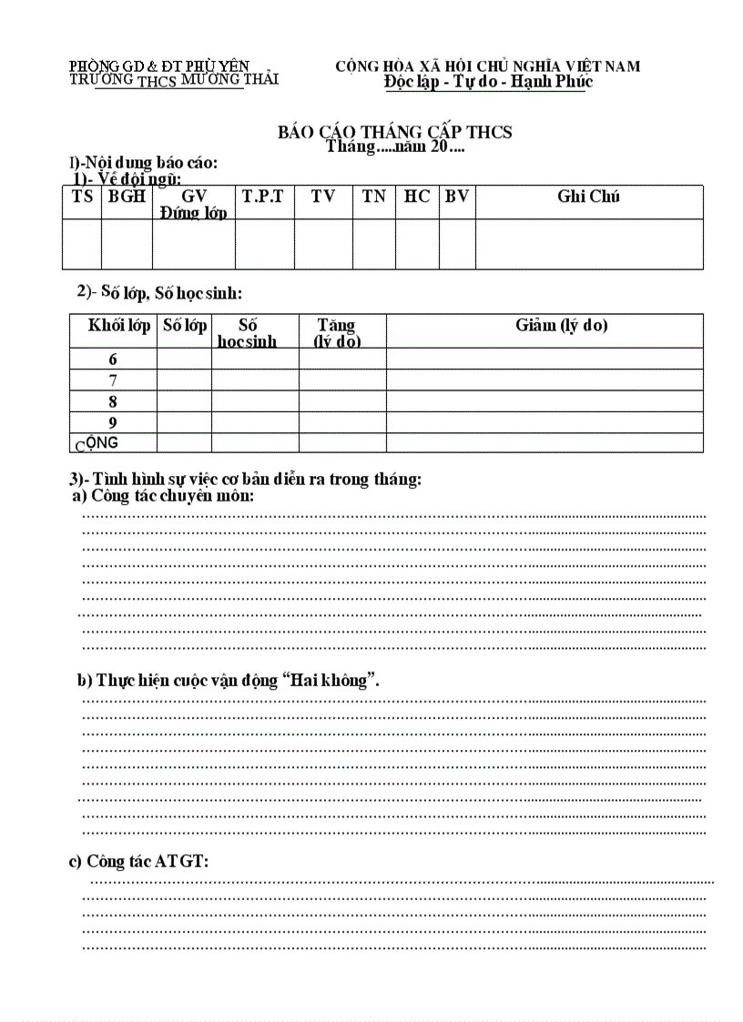 image for page Mẫu báo cáo tháng THCS