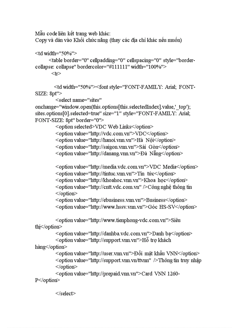 image for page Mẫu code liên kết web khác danh sách sổ xuống