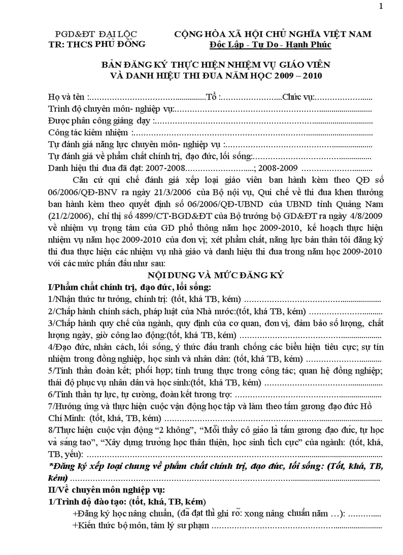 image for page Mẫu Đăng ký thi đua đầu năm GV