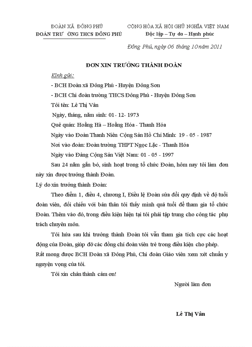 Mẫu Đơn Xin Trưởng Thành Đoàn
