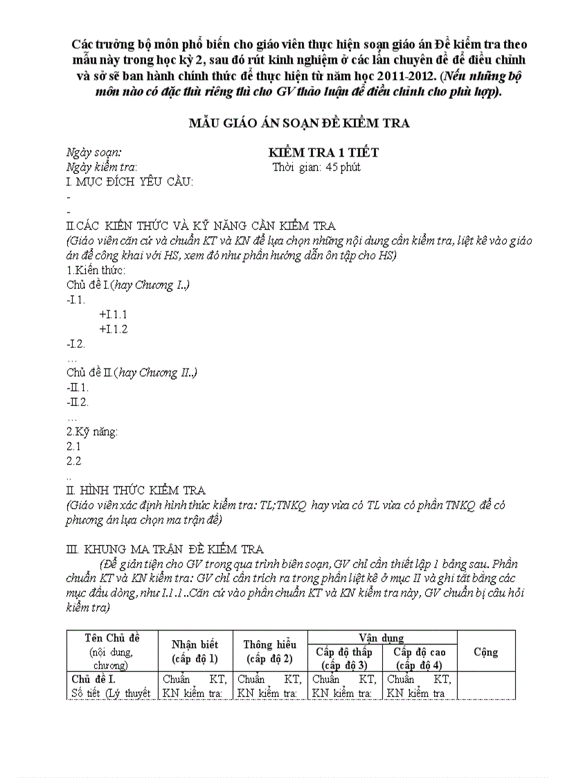 Mẫu GIÁO ÁN soạn ĐỀ KIỂM TRA
