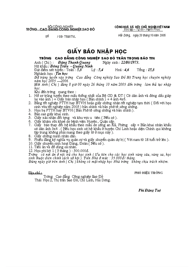 image for page Mẫu giấy báo nhập học