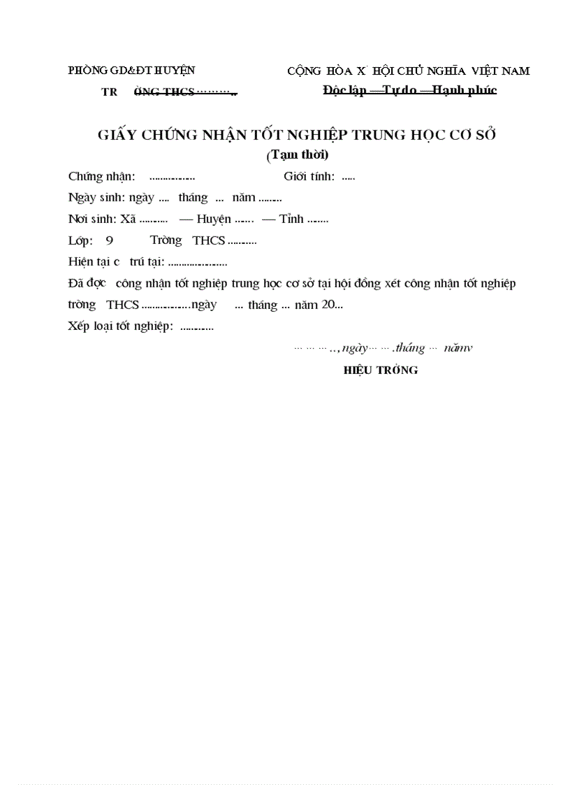 image for page Mẫu giấy công nhận tốt nghiệp tạm thời THCS