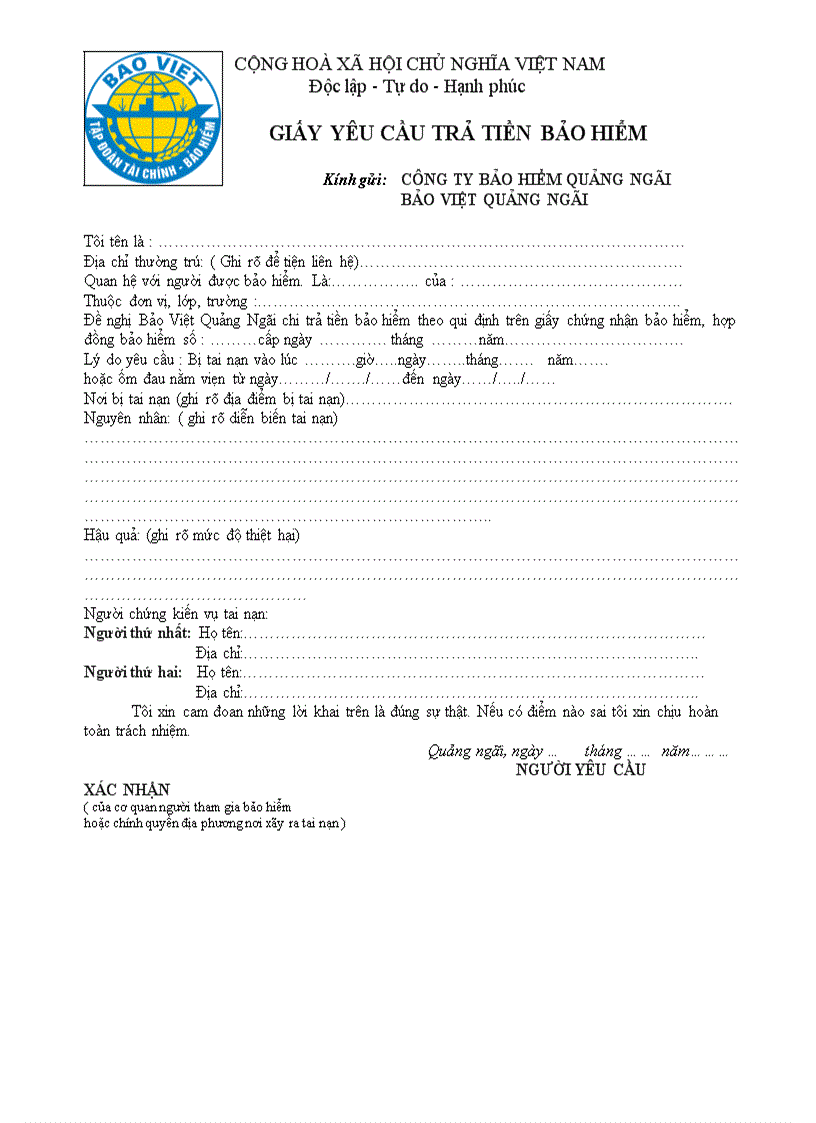 image for page Mẫu giấy đề nghị trả tiền BH tai nạn Bảo Việt