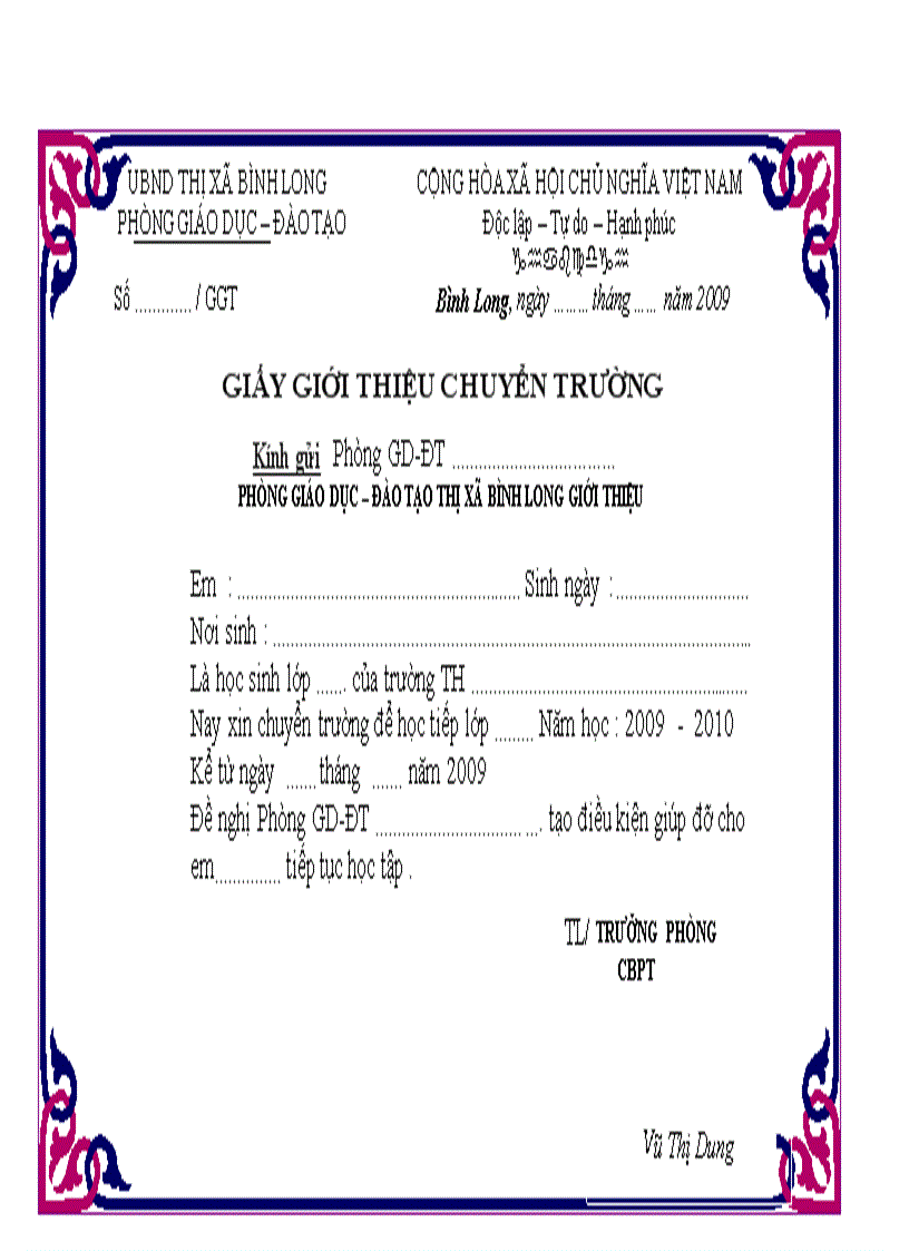 image for page Mẫu Giấy Giới thiệu chuyển trường đi