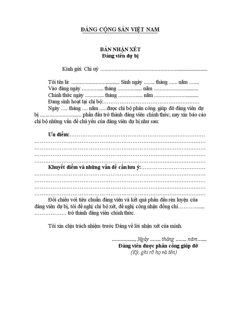 image for page Mẫu hồ sơ để chuyển đảng chính thức