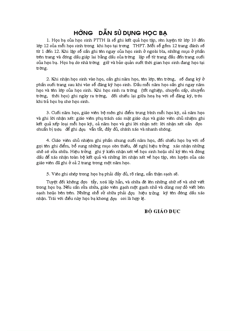 image for page Mẫu Học bạ CT cũ