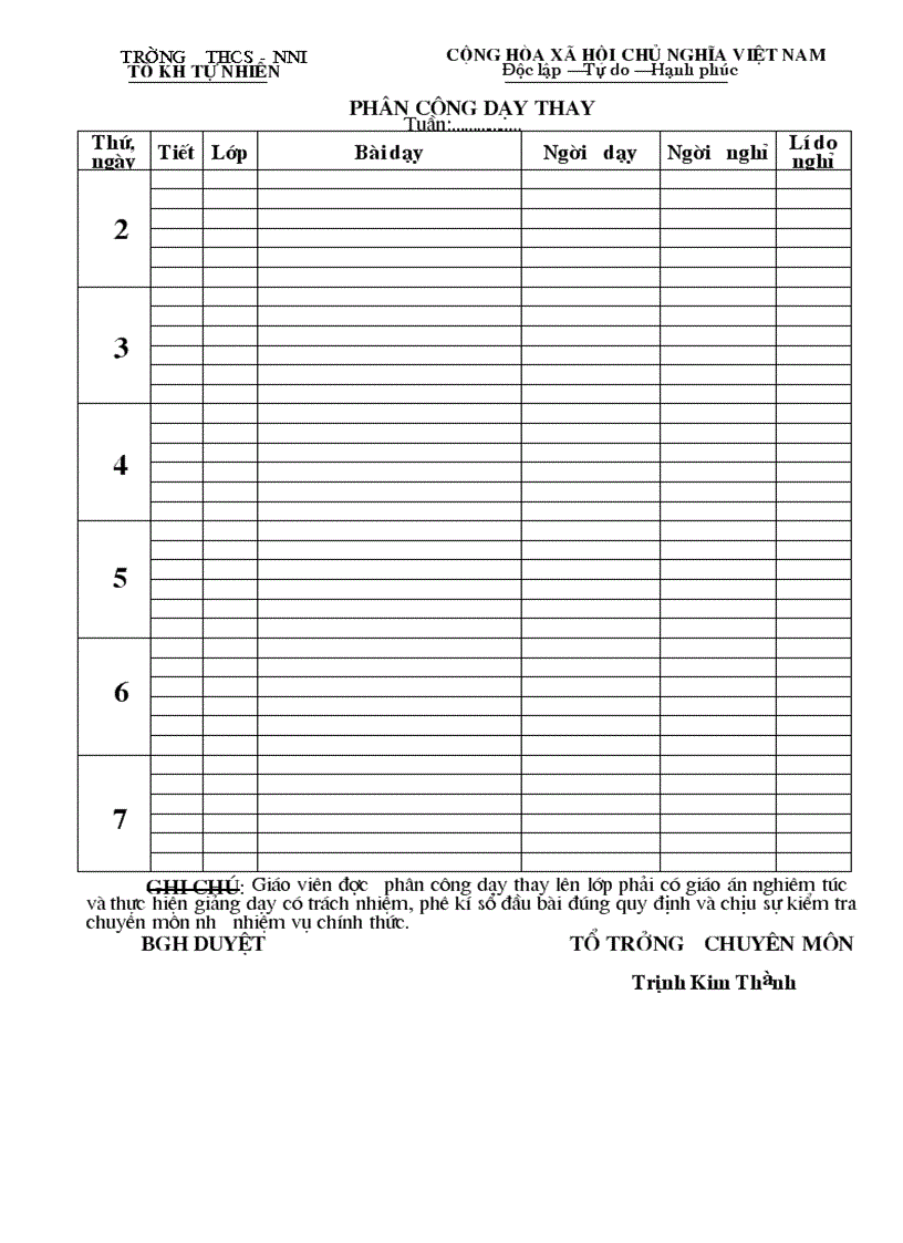 Mẫu phân công dạy thay của tổ chuyên môn